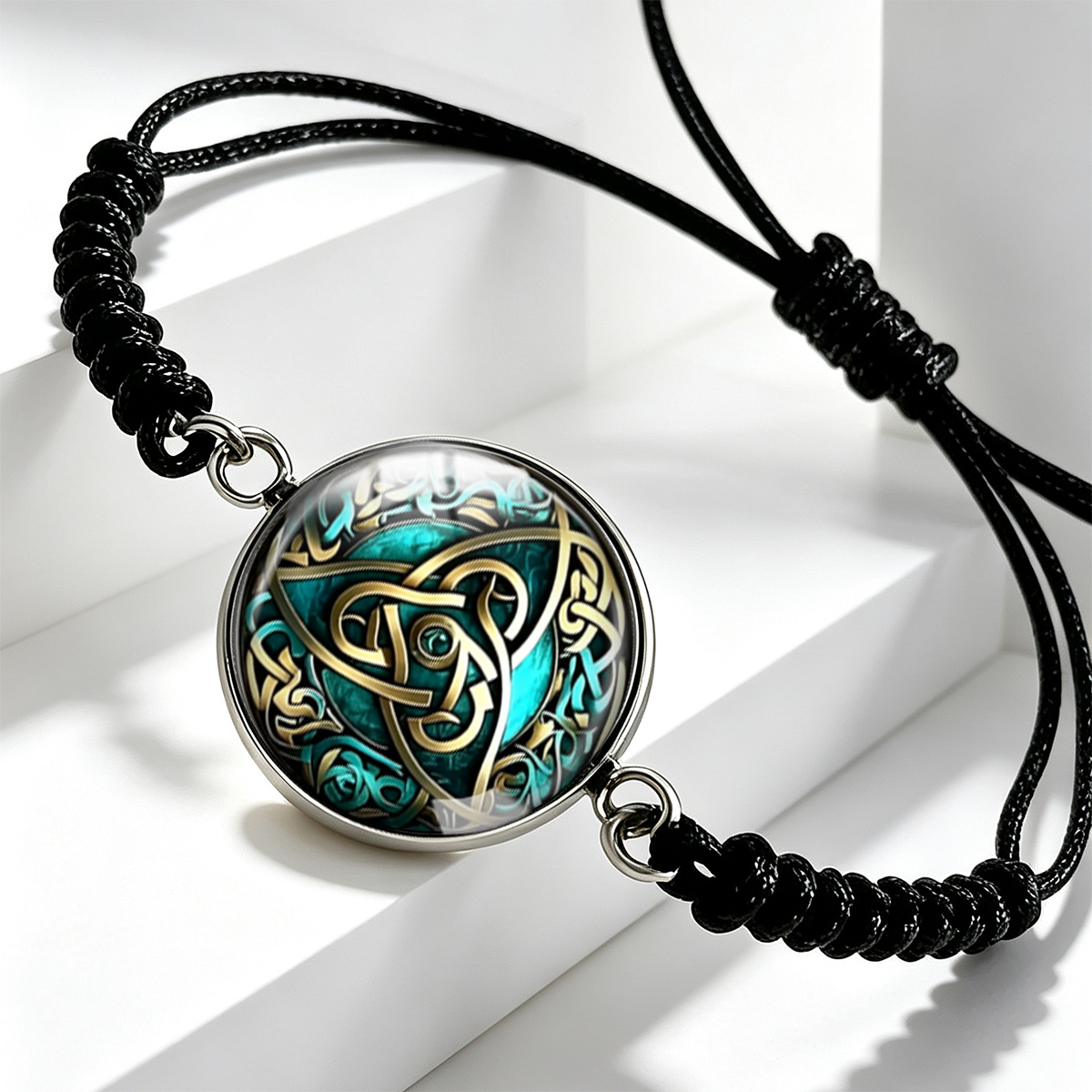 Teal Celtic Knot Pattern Artistic Round Glass Bracelet